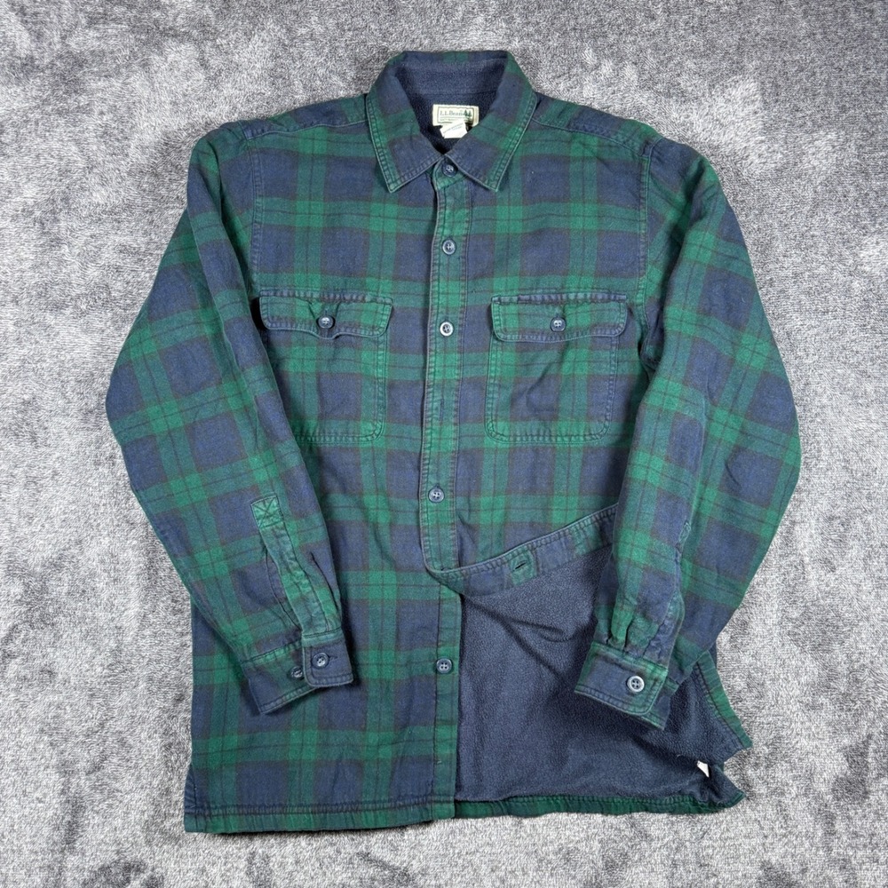 LL Bean Fleece Lined Flannel Shirt Mens Small Black Watch Plaid Green Navy OGLR6